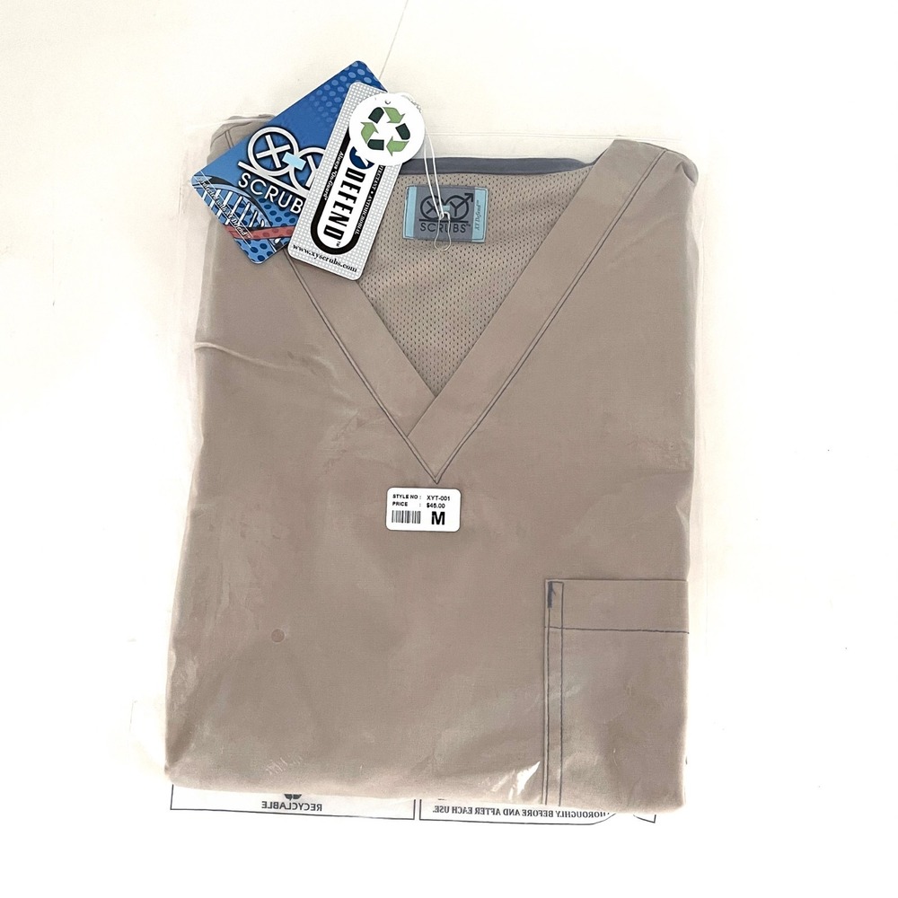 XY Scrubs Men's Medium NWT Antimicrobial V-Neck Scrub Top Beige Mesh Vent Back